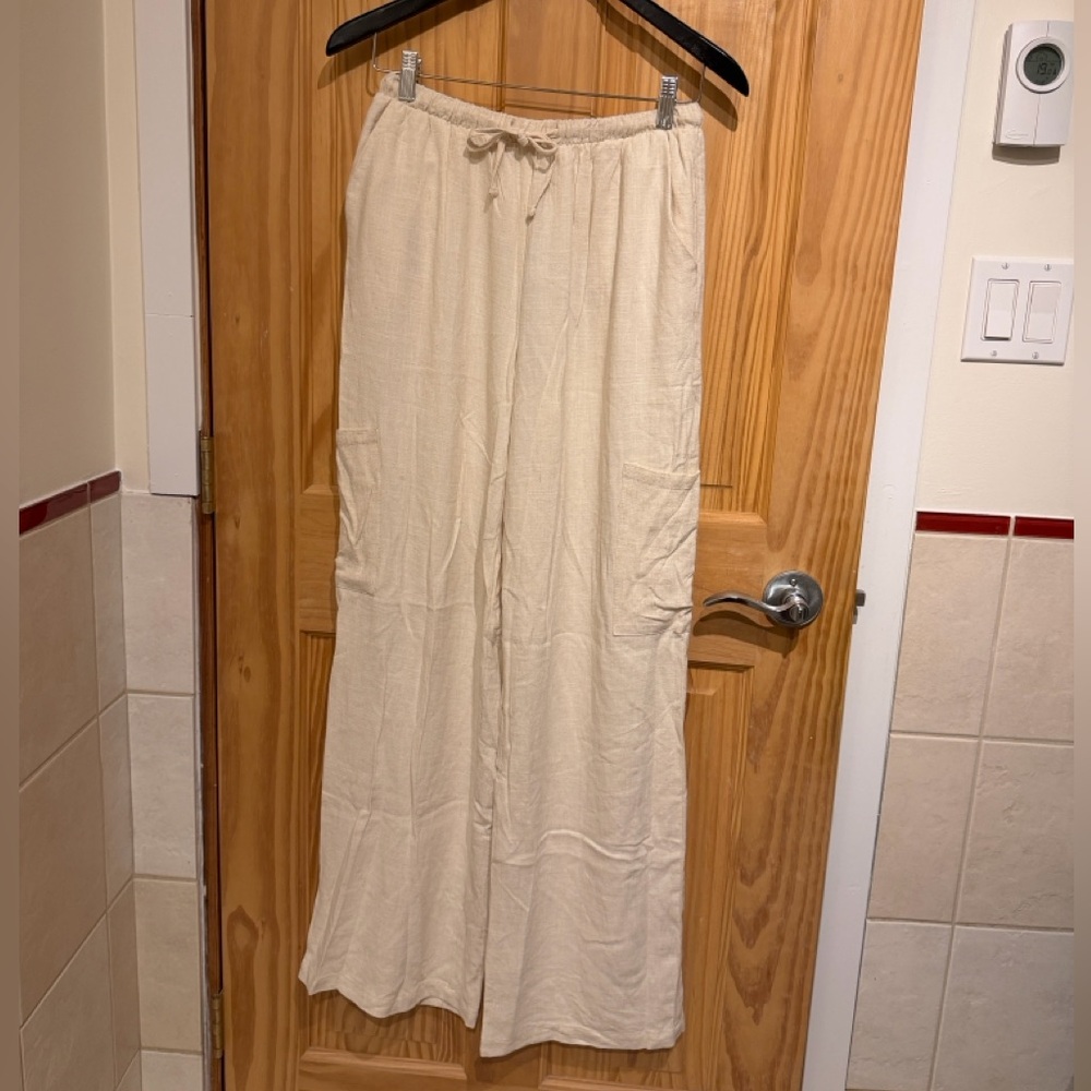 Linen Cream Wide Leg Linen Summer Beach Pants - Picture 4 of 11